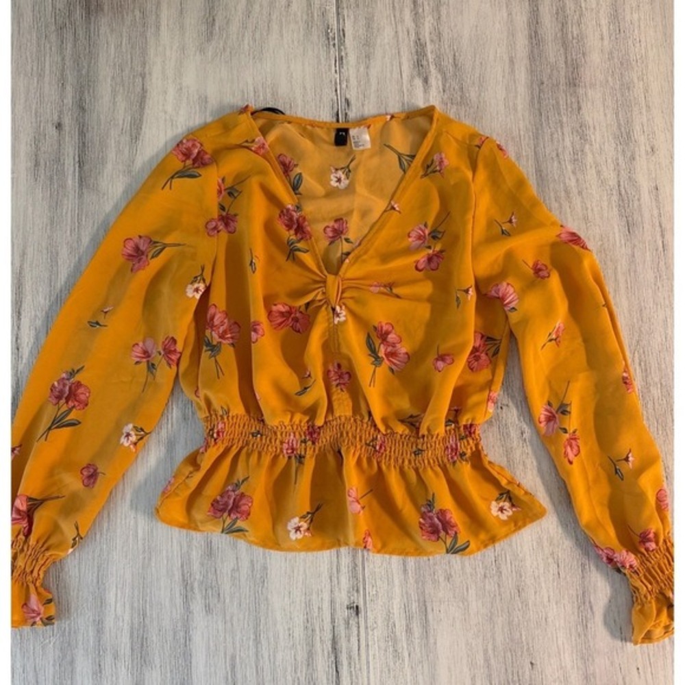 Divided Mustard Yellow Pink Floral Smocked Peplum Blouse Twist Front Size 6